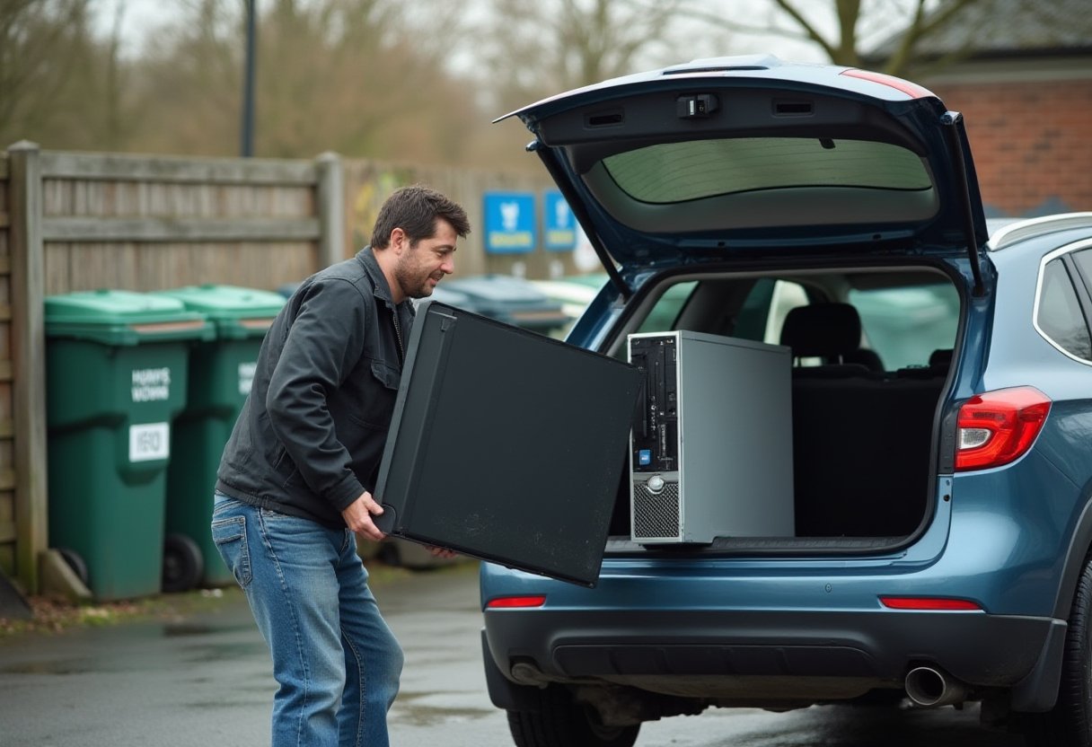 Man unloading an old monitor and desktop computer tower from his car boot at a recycling drop-off point
