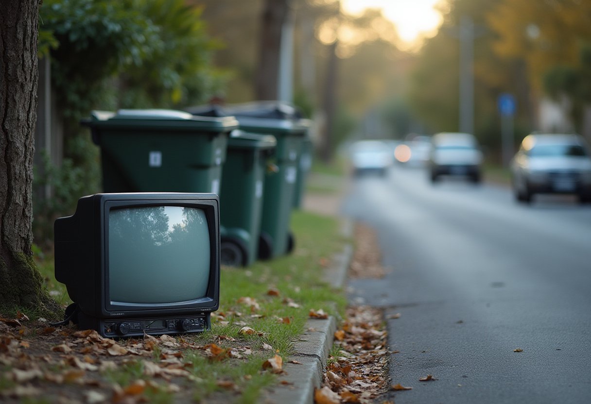 Old CRT TV left kerbside with council bins for hard rubbish collection on a suburban Melbourne street