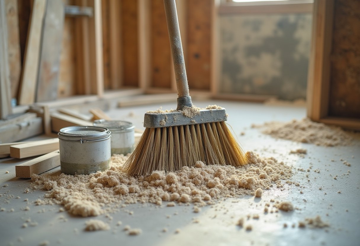 Push broom sweeping sawdust and debris on a bare subfloor, builder left mess before post construction cleanup begins