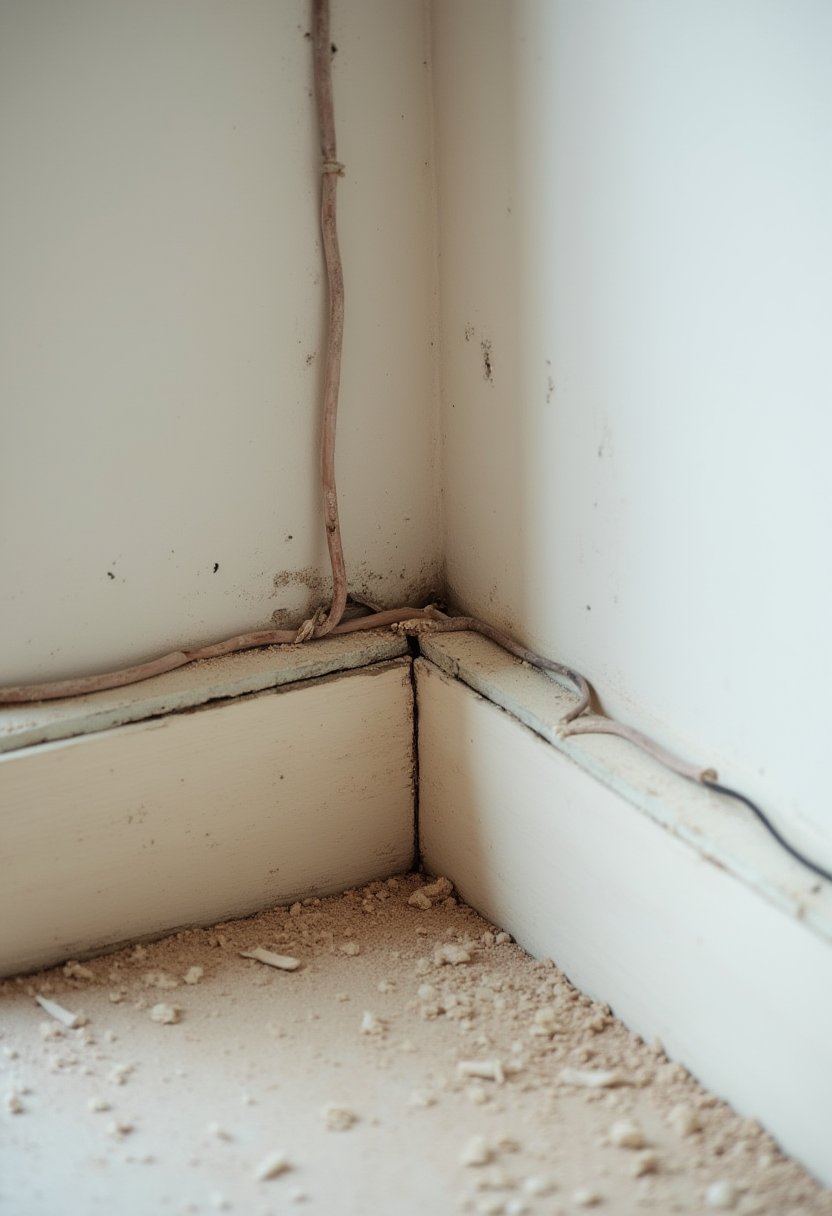 Dust and debris along a skirting board corner where a builder left a mess, with wiring tacked above the post construction cleanup area