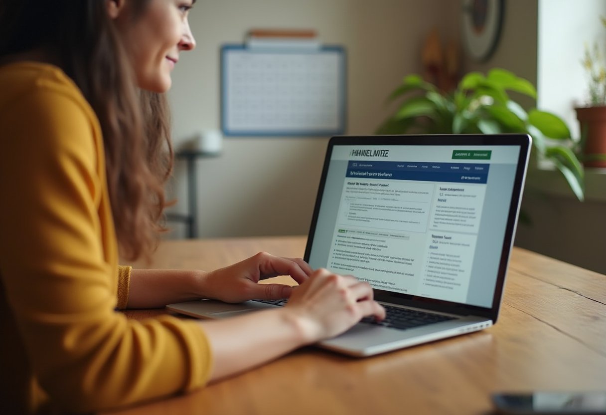 Woman browsing a booking website on her laptop at a wooden desk, planning her august declutter schedule
