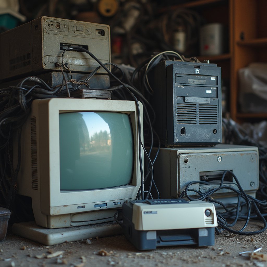 Old CRT monitor, PC tower and tangled cables piled in a garage, e-waste to sort before an august declutter