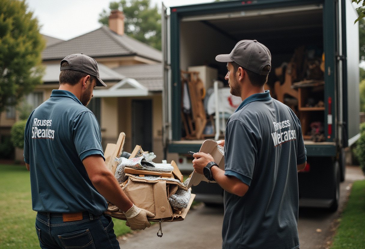 Removalists loading household clutter into a truck outside a home, part of an August declutter before spring clean