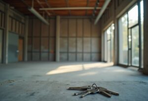 Empty retail unit stripped to bare walls and concrete floor after shop fitout removal, with keys left on the ledge