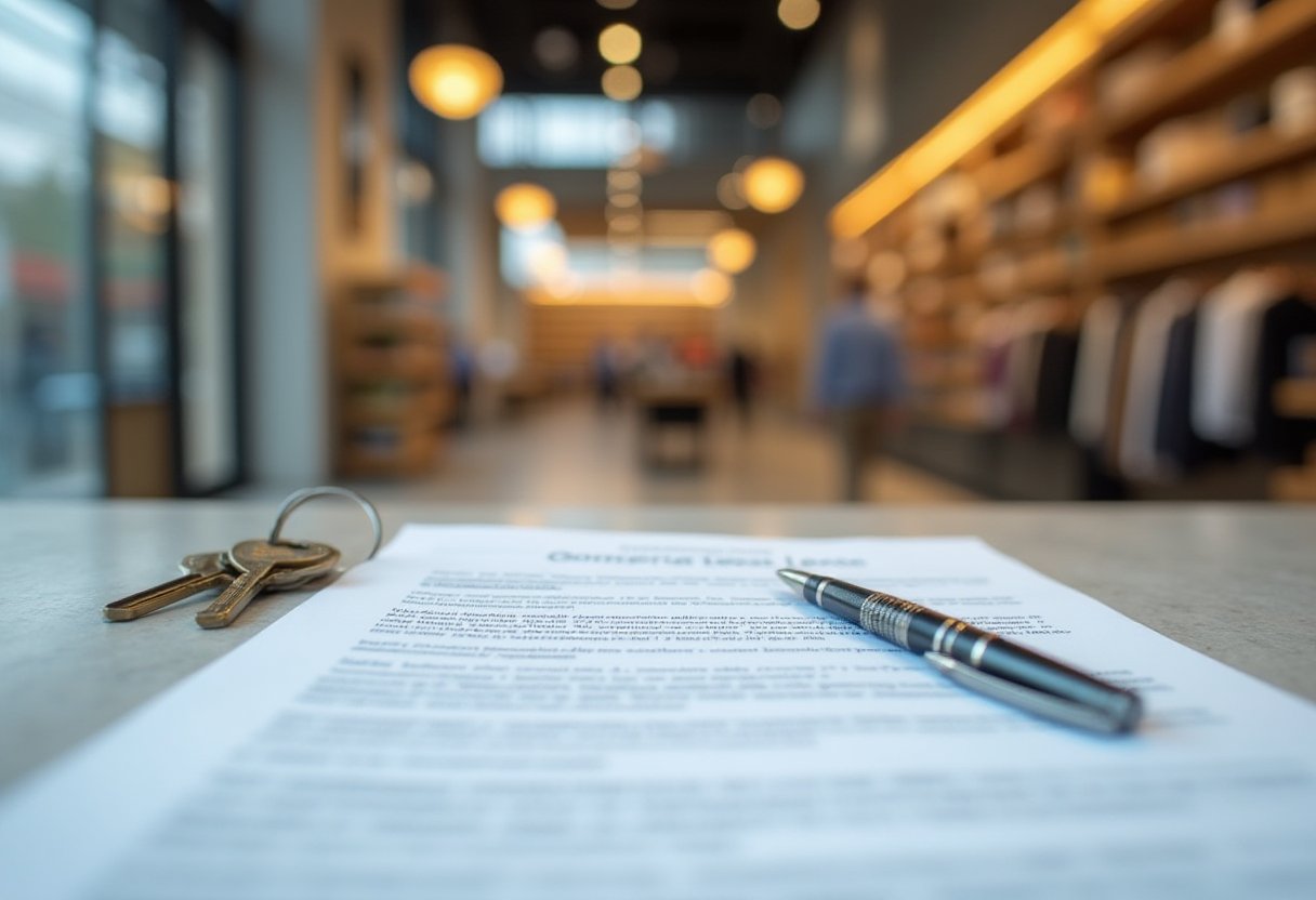 Store keys and a pen resting on a lease document on the counter, with an empty retail fitout blurred behind for the end of lease shop cleanout