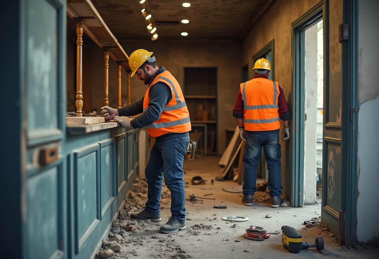Workers in hi-vis vests dismantling a shop counter during end of lease shop cleanout, debris on the floor