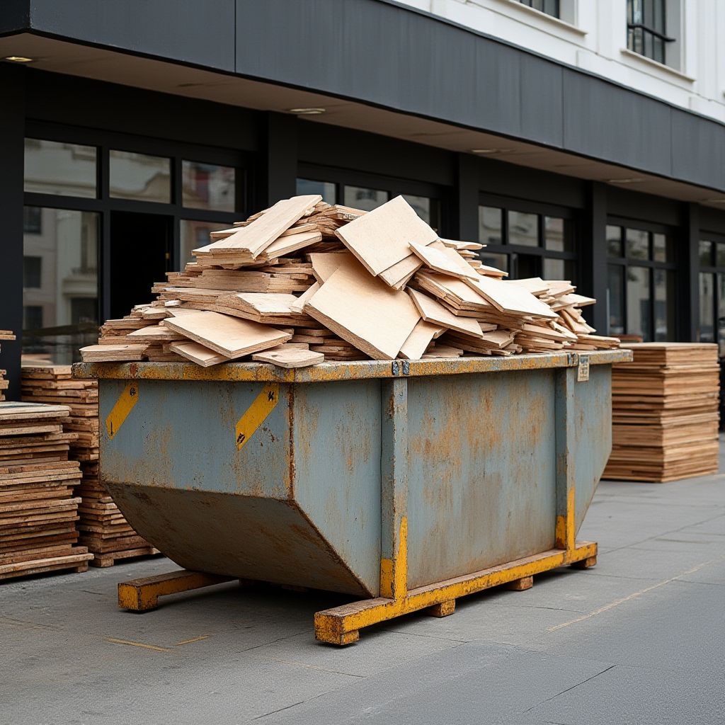 Skip bin overflowing with plywood offcuts outside a shopfront, illustrating waste levy costs during shop fitout removal