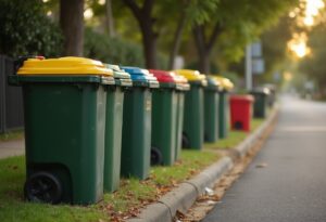 Row of yellow, blue and red-lidded recycling bins on an Australian nature strip, kerbside after Sustainability Victoria closure