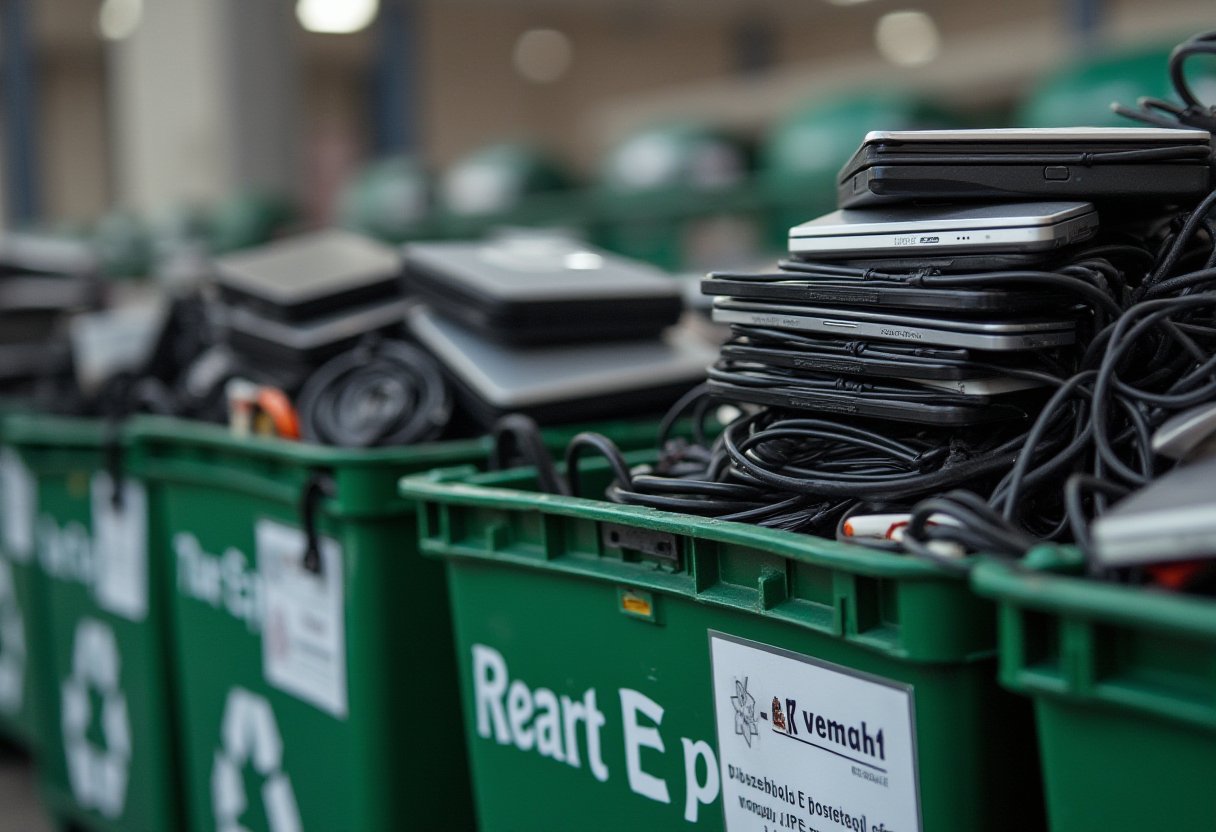 Green e-waste recycling bins filled with laptops and tangled cables, part of Victoria's e-waste and recycling collection network