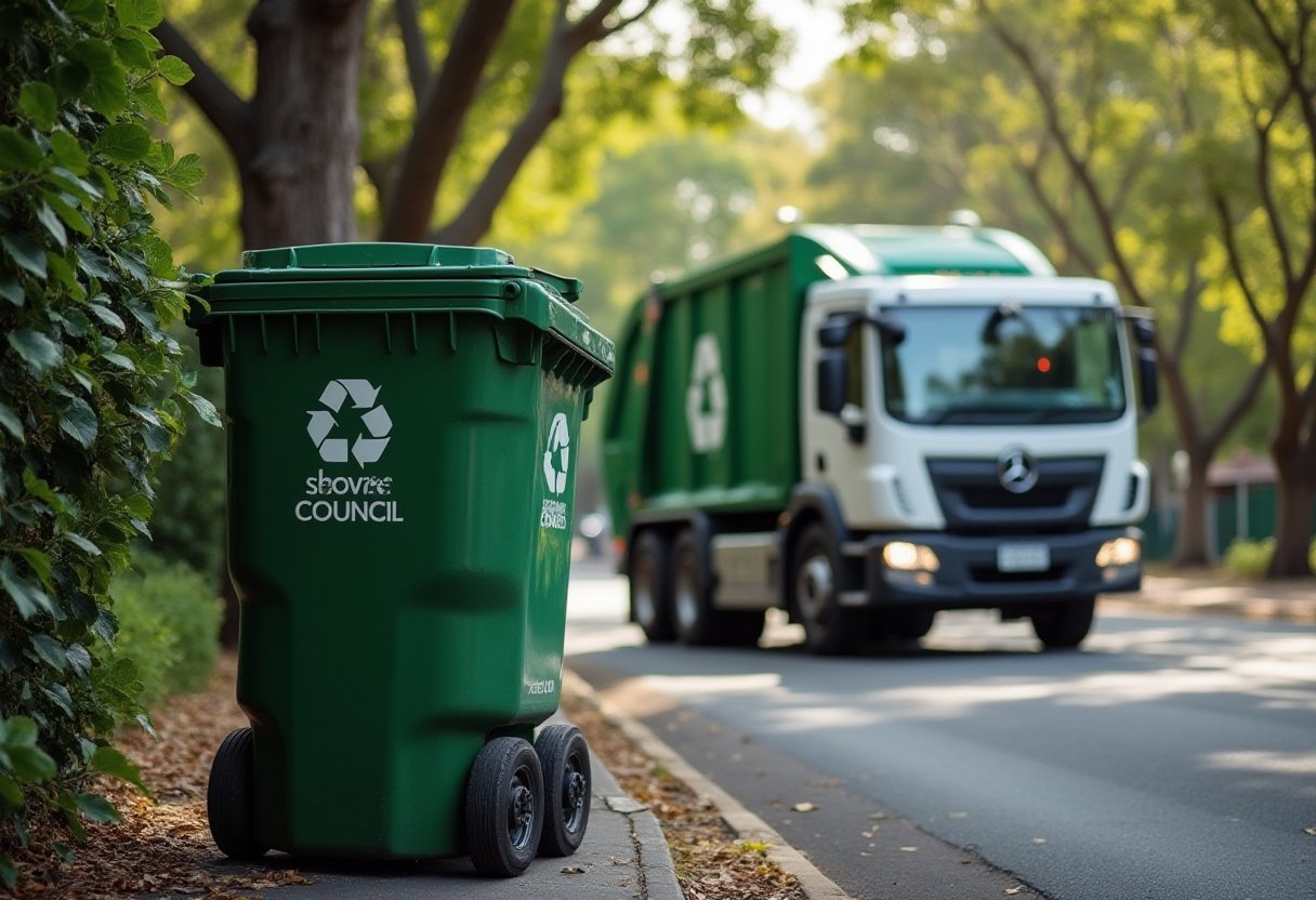 Green council recycling bin at kerbside as a truck collects household bins on a tree-lined street