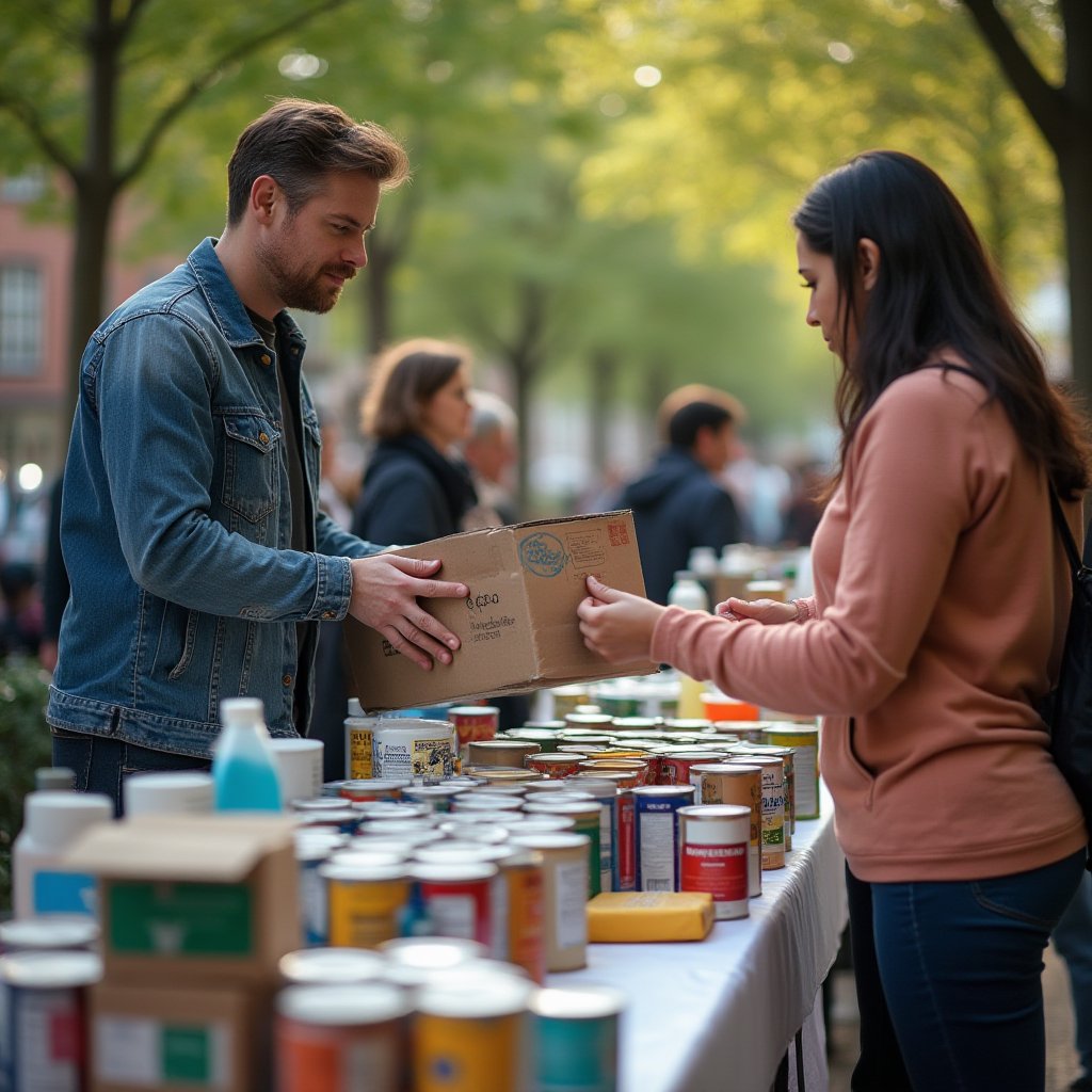 Volunteer hands a labelled cardboard box to a resident at an outdoor table lined with paint tins and household chemical containers