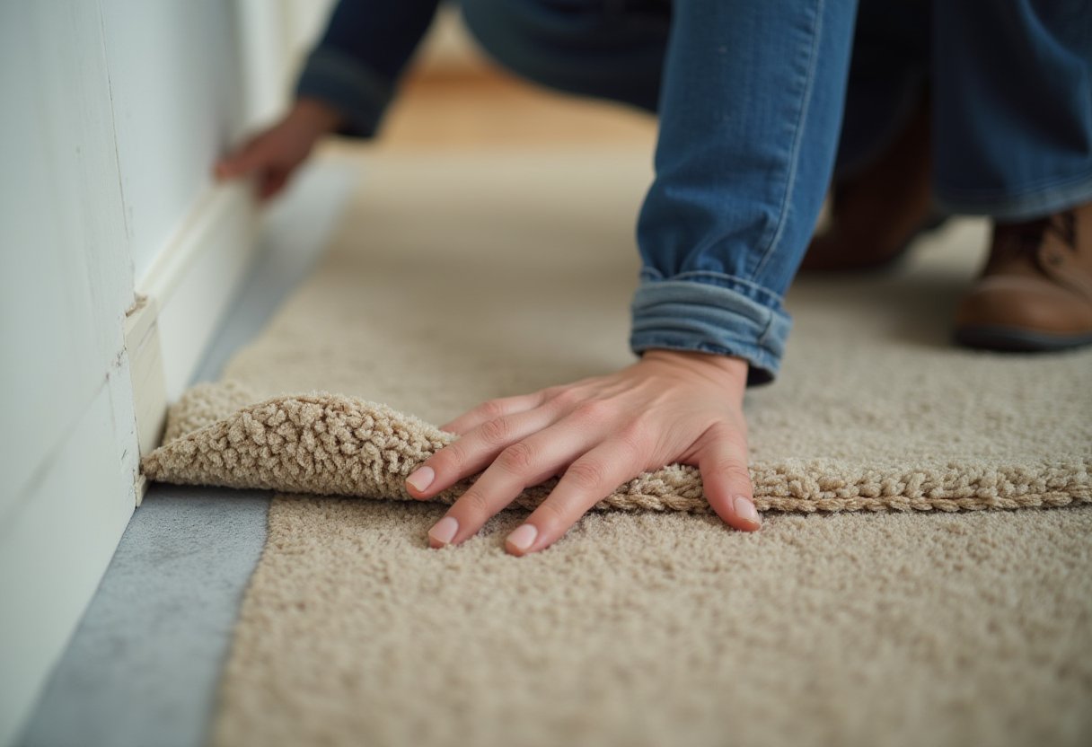 Person peeling back a beige carpet edge from the skirting board to check the underlay before mouldy carpet removal