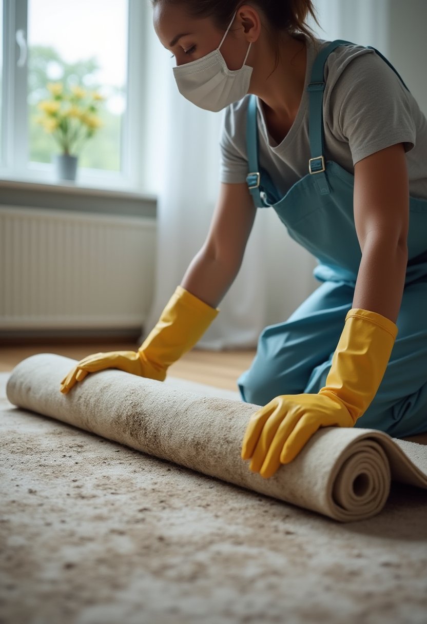 Worker in mask and yellow gloves rolling up mould-stained carpet, a key step before wet carpet disposal