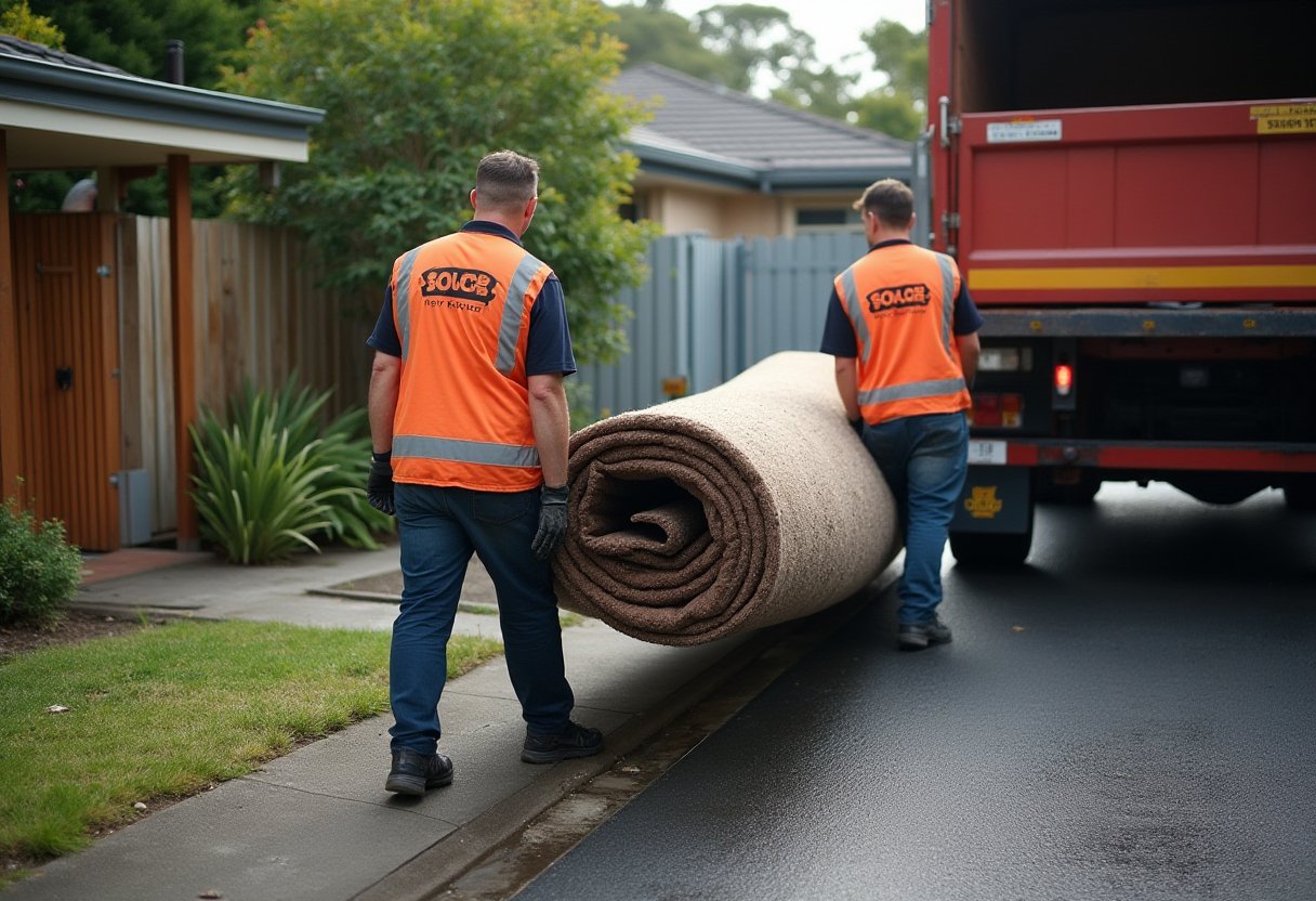 Two workers in hi-vis vests carrying a rolled-up carpet to a truck for wet carpet disposal in a Melbourne street