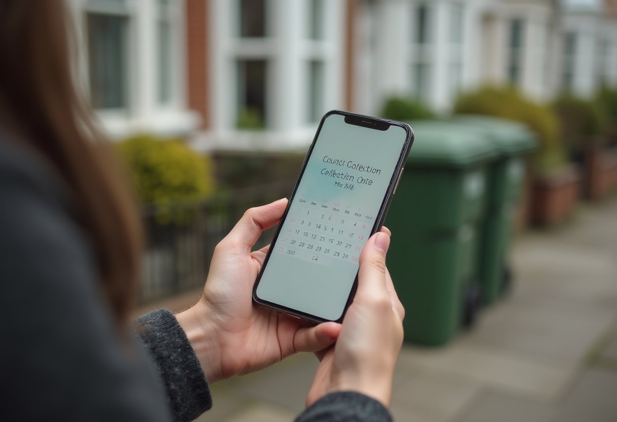 Person checking council collection date on phone calendar with wheelie bins outside a Richmond terrace house