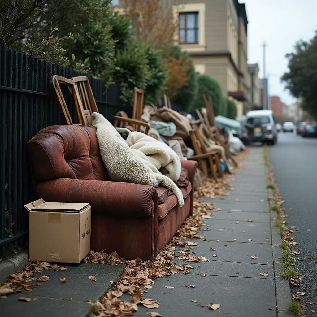 Leather sofa, timber chairs and a cardboard box piled on a Richmond footpath ahead of the Yarra hard rubbish collection.
