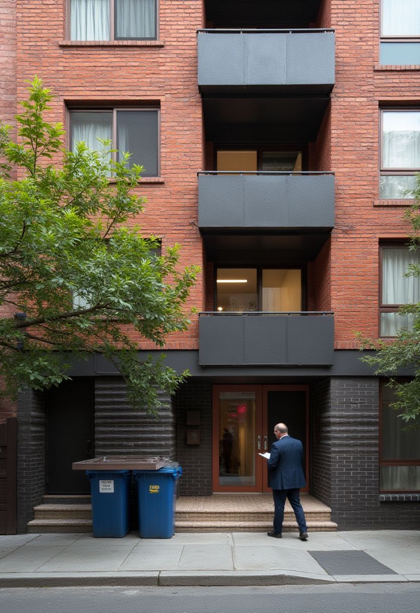 Council-issue wheelie bins beside a Richmond apartment entrance, showing shared bin storage rules for units
