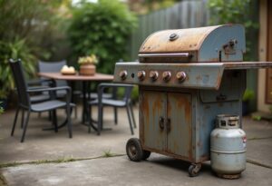 Rusted old gas barbecue with attached LPG bottle beside outdoor patio furniture, ready for bbq disposal in Melbourne backyard