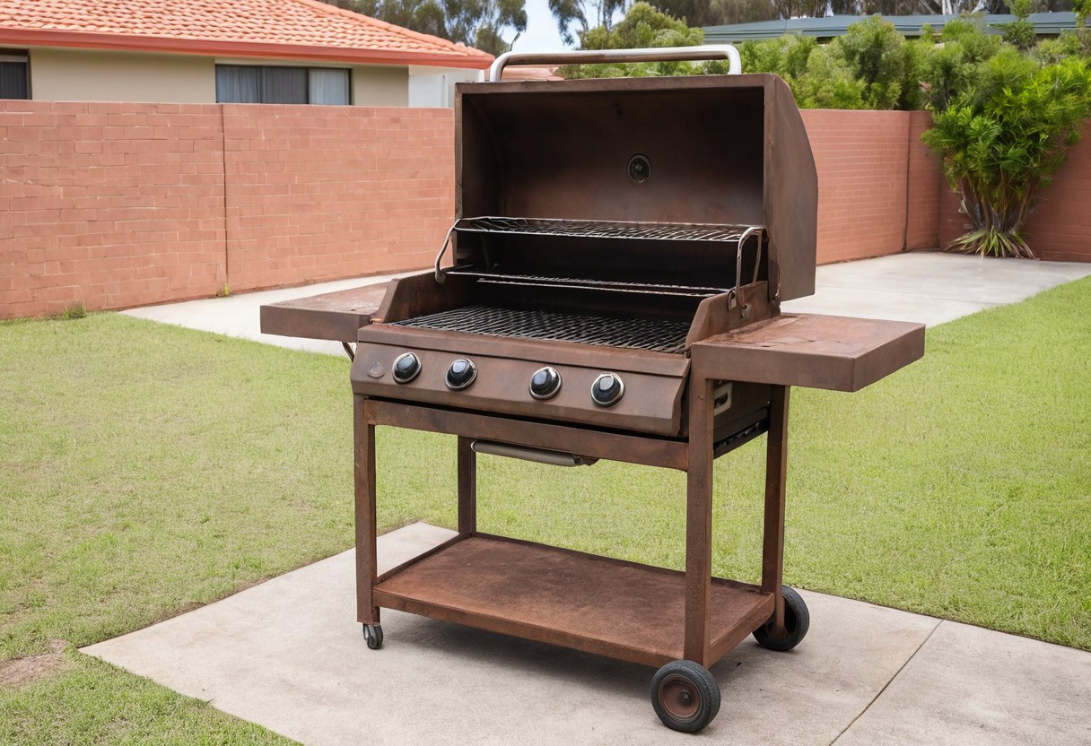 Rusty old four burner gas barbecue with the lid open, standing on a Melbourne backyard path ready for BBQ disposal
