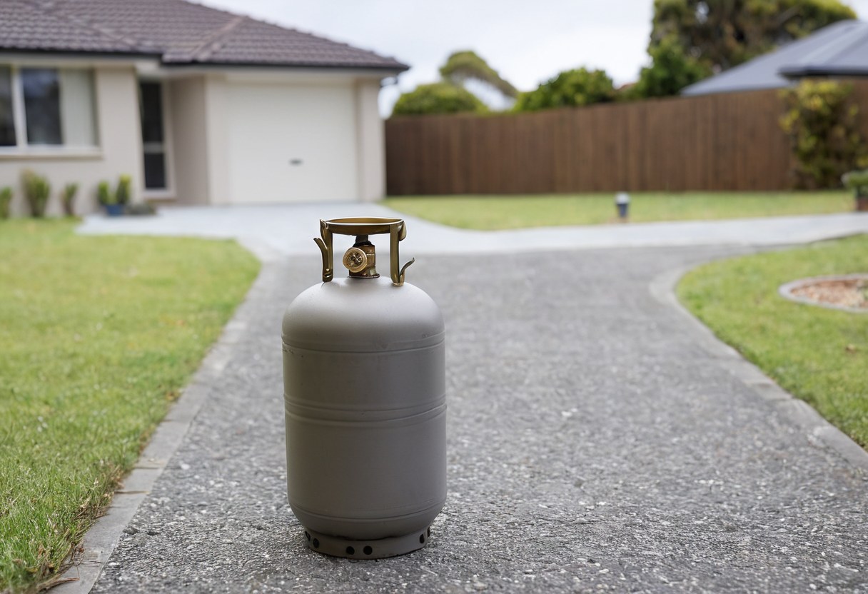 A 9kg LPG gas bottle detached from a barbecue, standing on a suburban Melbourne driveway ready for a swap-and-go exchange