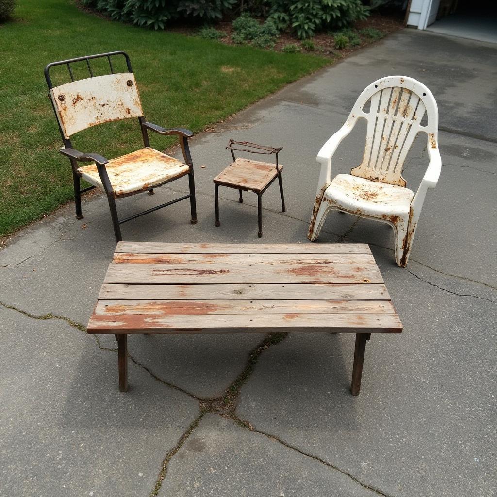 Rusted metal patio chair, cracked plastic chair, small stool and weathered wooden table set out on a driveway for outdoor furniture disposal