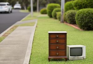 A chest of drawers and an old television on a Melbourne nature strip, put out for a City of Melbourne hard rubbish collection