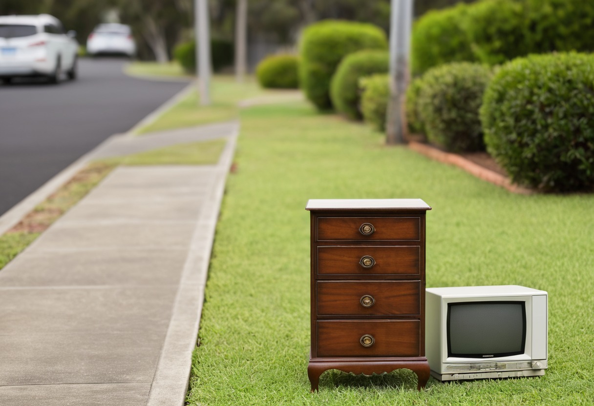 A chest of drawers and an old television on a Melbourne nature strip, put out for a City of Melbourne hard rubbish collection