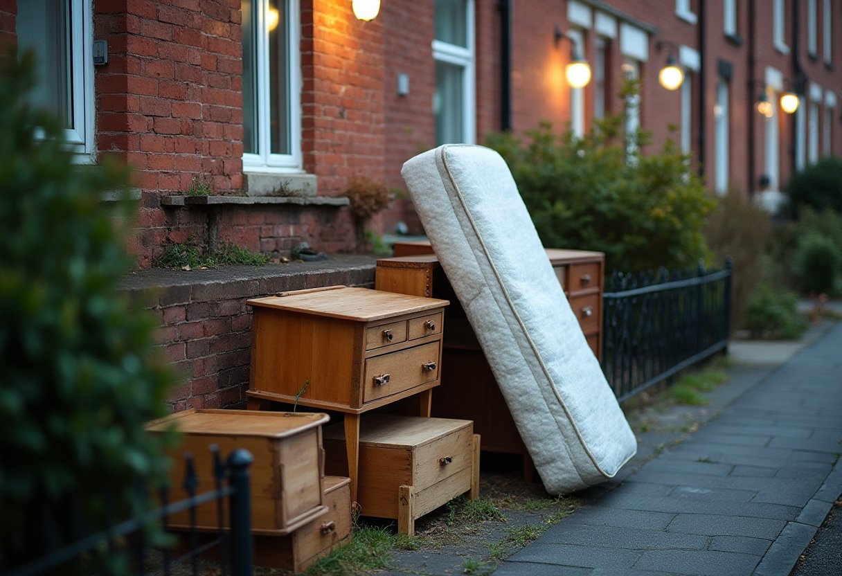 Mattress and wooden drawers stacked outside a terrace house kerb, ready for hard rubbish collection in Carlton