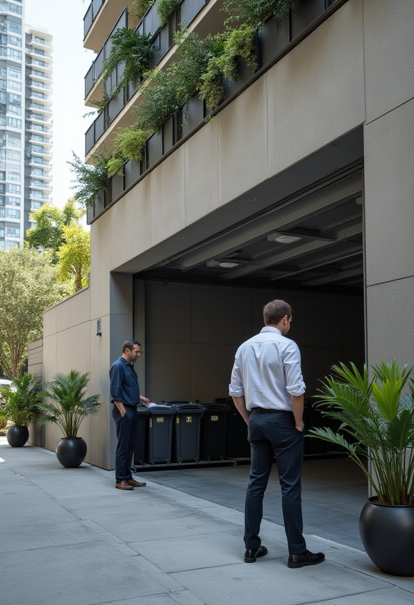 Residents at a Southbank apartment loading dock check the shared bin store ahead of hard waste collection day
