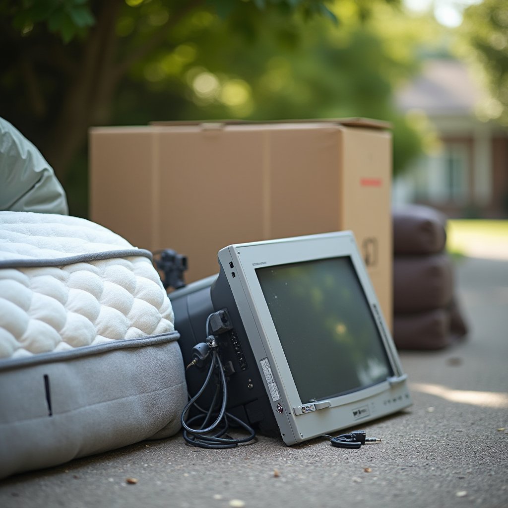Old CRT monitor, mattress and boxes sorted on a nature strip for a City of Melbourne hard rubbish collection