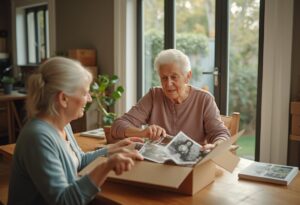 Adult daughter and elderly mother sharing photo albums while clearing family home for aged care move