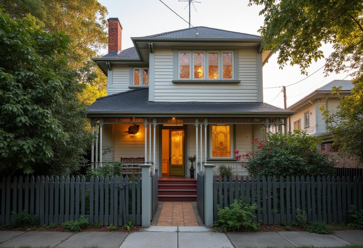 Melbourne period home at dusk, warm porch light, picket fence — ready for downsizing an elderly parent