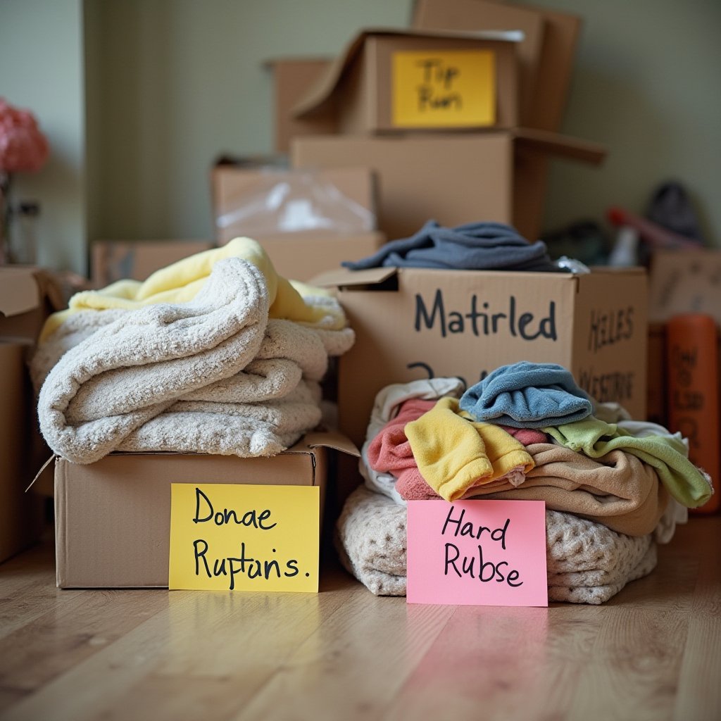 Labeled boxes for donations and hard rubbish sit beside folded towels and clothes during an aged care move declutter
