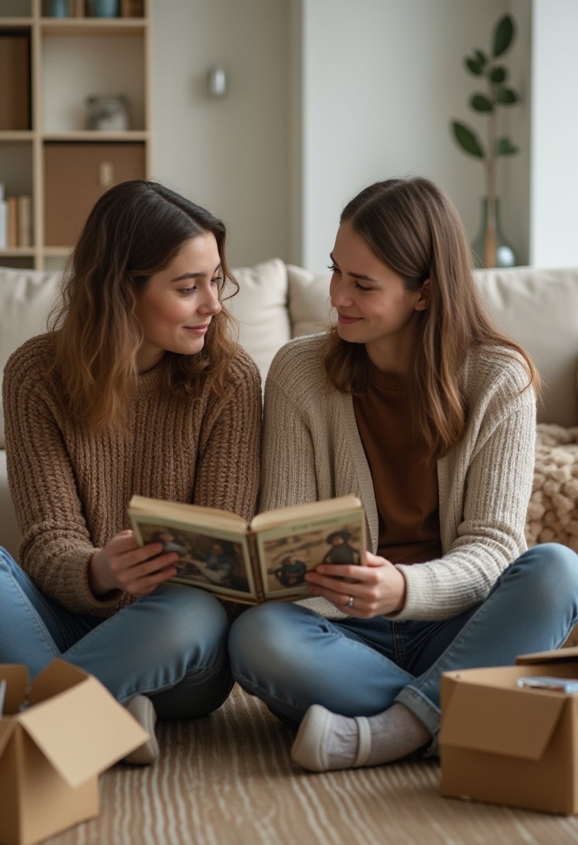 Two sisters sharing a smile over an old photo album while downsizing elderly parent's Melbourne living room