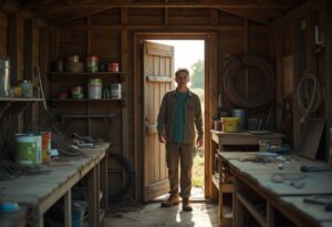 Young man pauses in a cluttered wooden shed doorway, sunlit workbenches piled with paint cans and coiled rope, before clearing parents shed