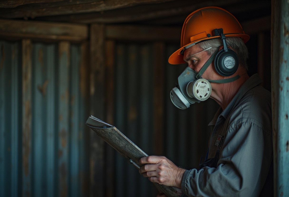Man wearing hard hat and respirator mask inspects tool before clearing parents shed, checking for asbestos risk
