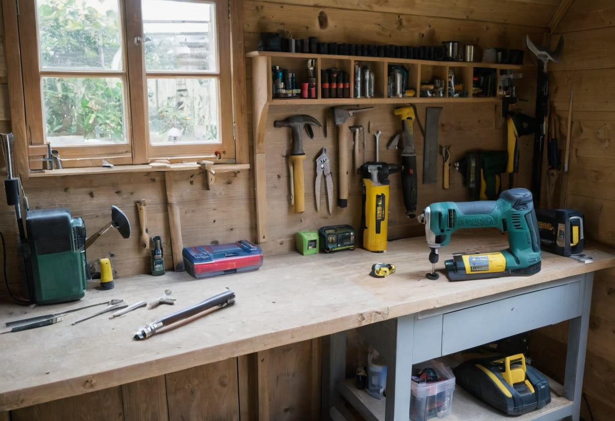 Old hand tools and a cordless drill laid out on a shed workbench, sorted into keep, sell, donate and scrap piles