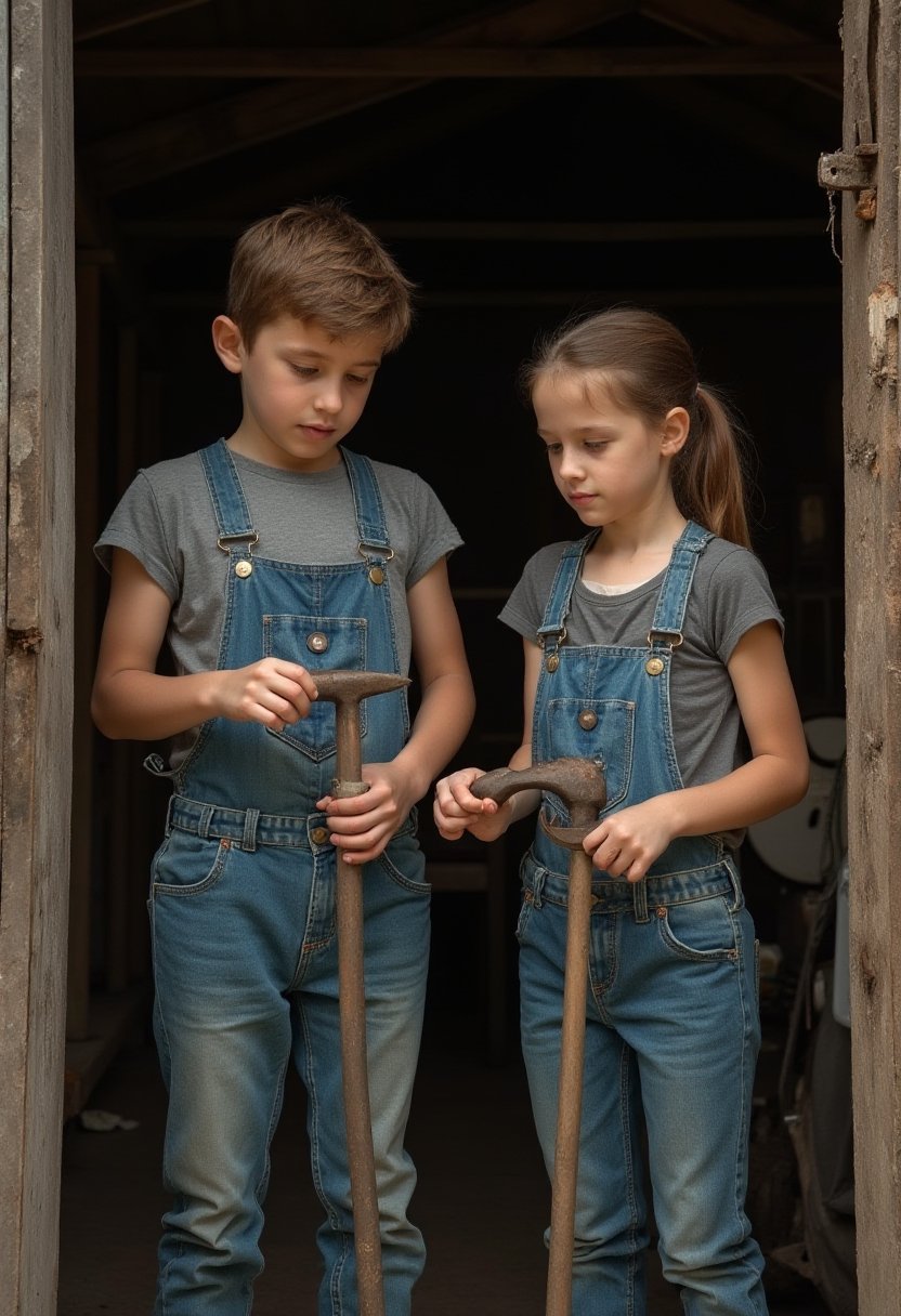Brother and sister in overalls examine old tools while clearing parents' shed, standing in doorway of dark garage