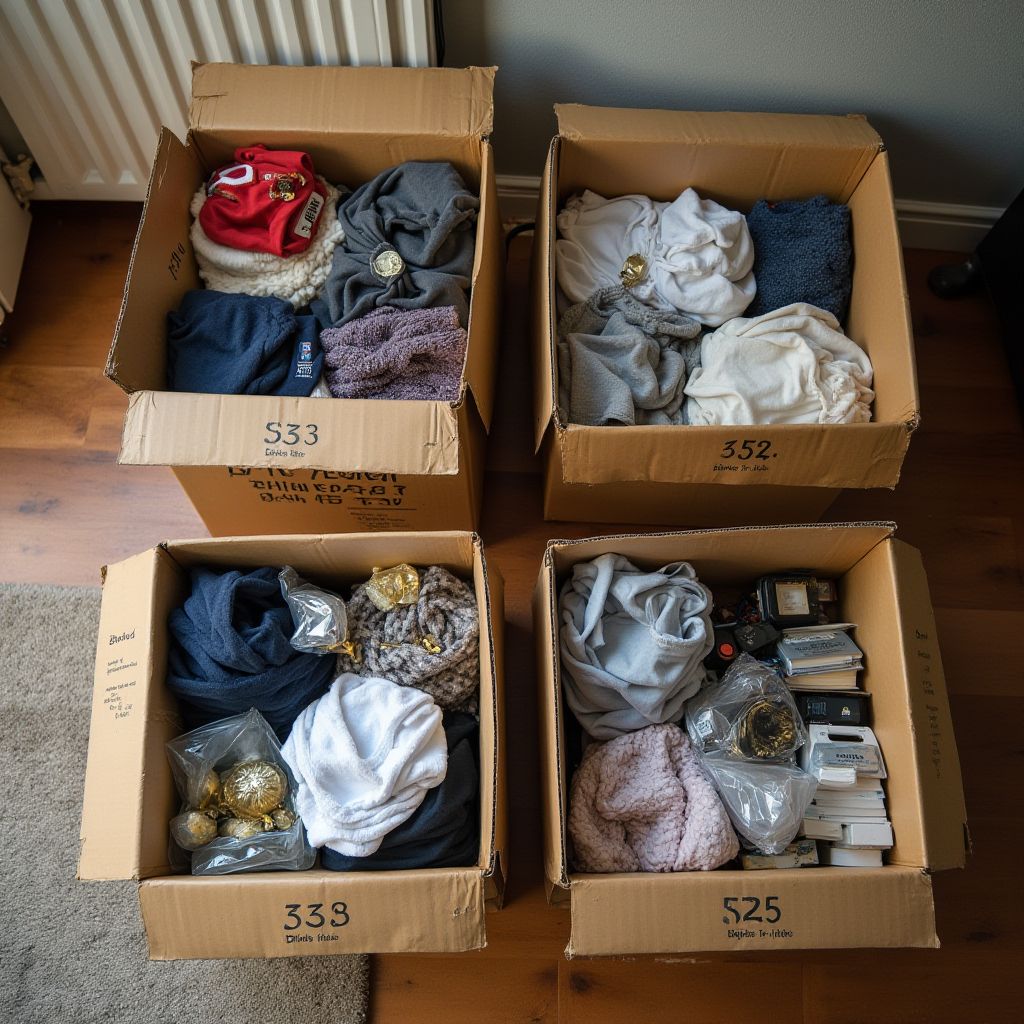 Four labeled cardboard boxes sorted with folded clothes, keepsakes, and books during an empty nest declutter of a kid's old room