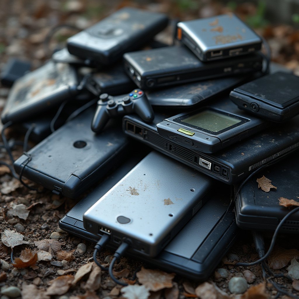 Pile of old laptops, a game controller and tangled chargers left outdoors, e-waste from an empty nest declutter