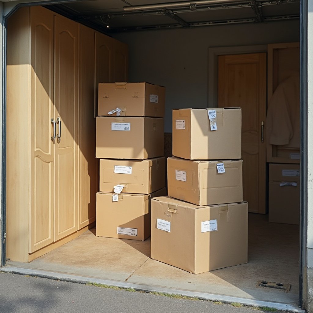 Labeled cardboard boxes stacked in a garage storage space next to a wardrobe, an option for storing kids' belongings