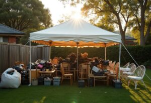 Backyard marquee after a party, piled black bags, empty chairs and bins ready for event rubbish removal Melbourne crews