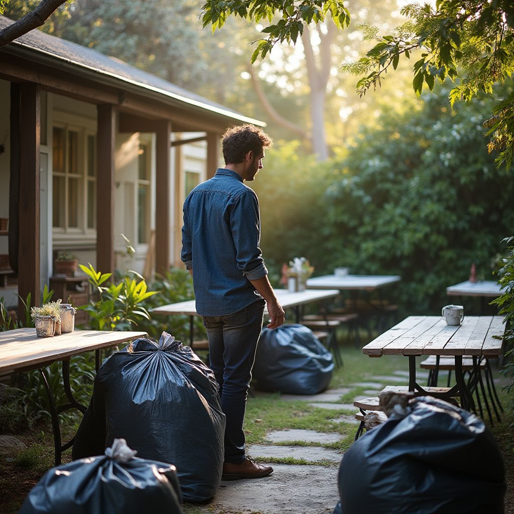 Private host surveys backyard trestle tables surrounded by full bin bags after an event, weighing party clean up Melbourne options