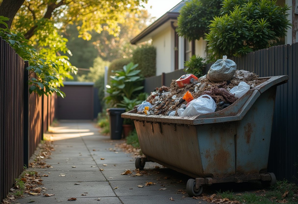 Overflowing skip bin in a Melbourne side laneway, filled with party waste after event rubbish removal