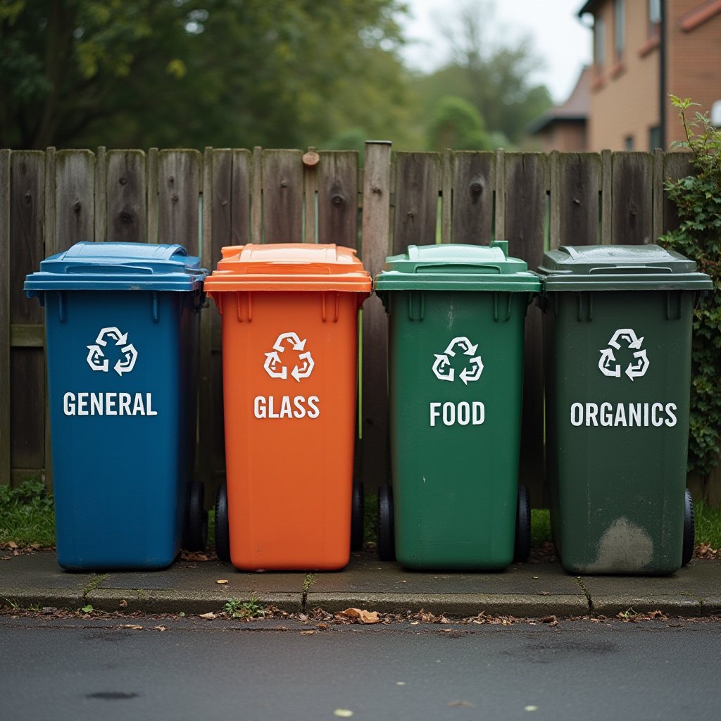 Four labelled kerbside bins for general, glass, food and organics waste, showing Victoria's four-bin sorting system after party clean up
