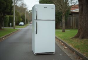 Old white top-freezer fridge left on a suburban Melbourne nature strip, awaiting fridge disposal collection