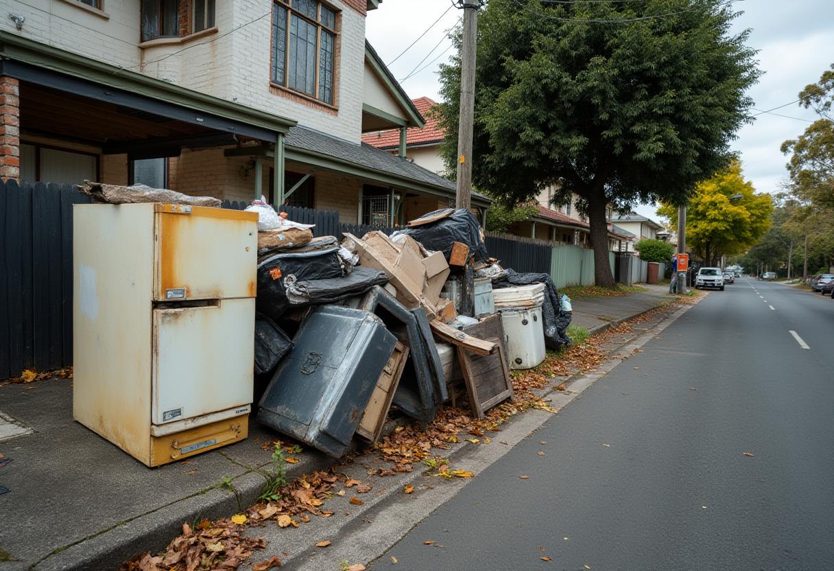 Rusted fridge and household hard waste piled on a Melbourne kerbside awaiting council collection day