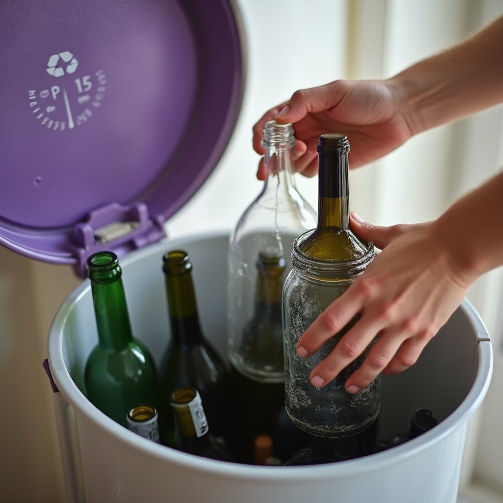 Hands lowering a glass jar and a wine bottle into a bin with an open purple lid, empty bottles already inside