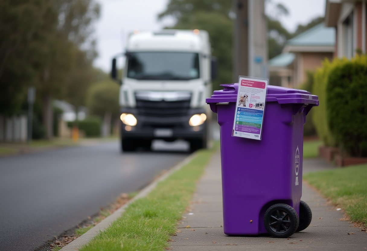 Purple glass recycling bin on a suburban kerb with a council information leaflet attached, a collection truck approaching behind