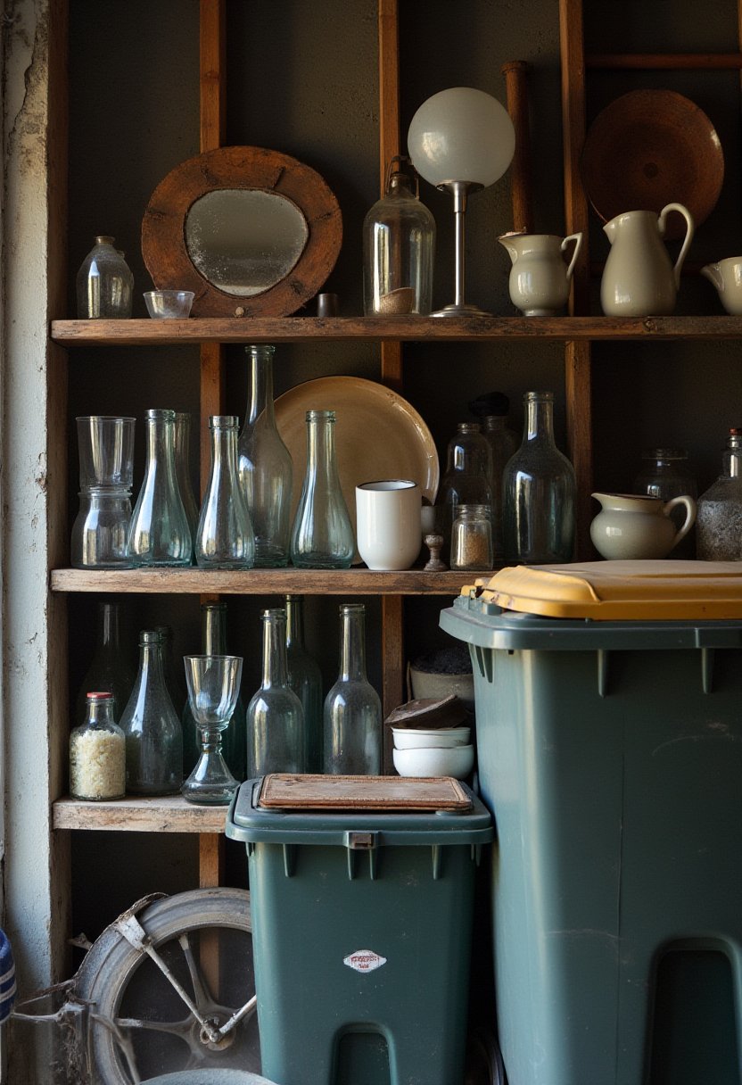 Shelf of drinking glasses, ceramic jugs, plates and a framed mirror beside two household wheelie bins in a garage